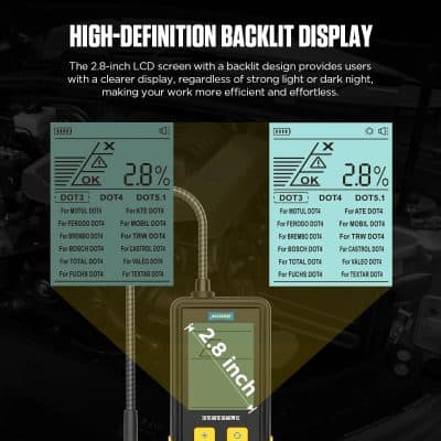 Close-up image of a 2.8-inch automotive diagnostic tool screen with backlit display showing vehicle error codes and info, designed for enhanced visibility and ease of use in the automotive repair industry.