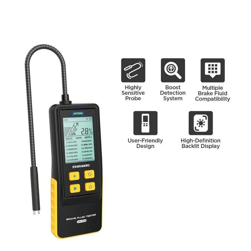 High-sensitivity brake fluid tester with user-friendly interface, backlit display, and compatibility with multiple brake fluids for accurate automotive diagnostics and maintenance.