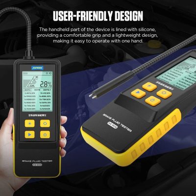 Portable brake fluid concentration meter for vehicle maintenance, with easy one-hand operation, LCD display, and user-friendly silicone grip for quick diagnosis.
