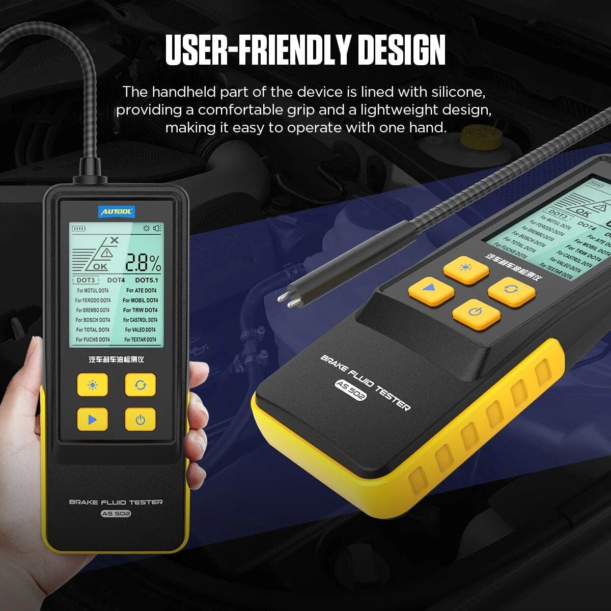 Portable brake fluid concentration meter for vehicle maintenance, with easy one-hand operation, LCD display, and user-friendly silicone grip for quick diagnosis.