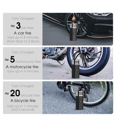 2. Compact electric tire inflator for car, motorcycle, and bicycle tires, quick inflation in minutes, easy to use, portable, reliable for emergency and regular maintenance.