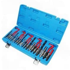 High-quality dental tools with red and black handles, organized in a compact blue storage box for professional dental care.