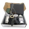 A comprehensive eye care kit featuring diagnostic tools, lighting, solutions, and accessories for eye examinations and optical practice setup.