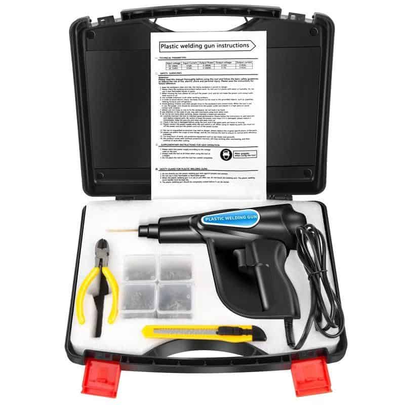 Portable plastic welding gun for repair and crafting projects, complete with accessories and instructions for easy use. Ideal for DIY, home repairs, and professional applications.