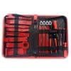 High-quality electrician tool kit with red and black insulated tools, screwdrivers, wire strippers, and pliers for professional electrical repairs and installations.