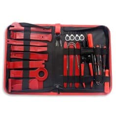 High-quality electrician tool kit with red and black insulated tools, screwdrivers, wire strippers, and pliers for professional electrical repairs and installations.