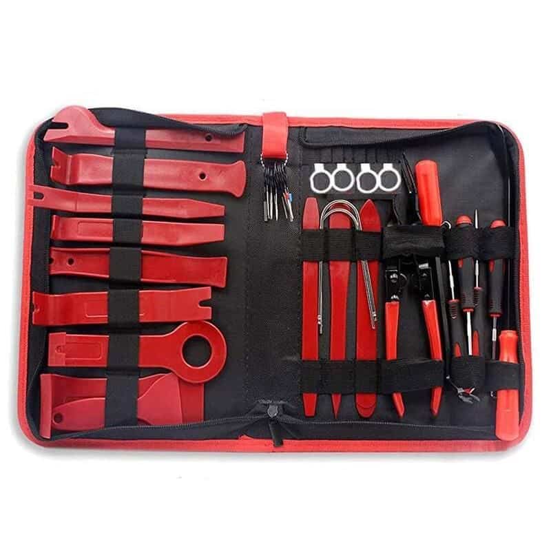 High-quality electrician tool kit with red and black insulated tools, screwdrivers, wire strippers, and pliers for professional electrical repairs and installations.