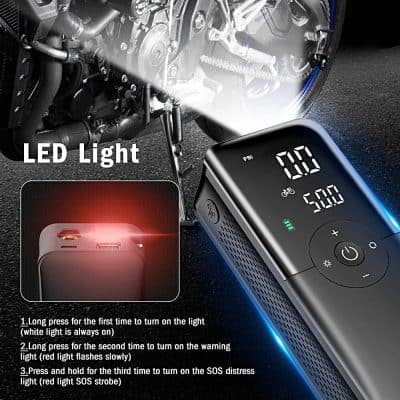 Portable digital bike air pump with LED warning light, pressure display, and SOS strobe for cycling emergencies. Easy to use with long-lasting battery, perfect for on-the-go tire inflation.