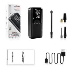 Portable tire inflator with digital pressure display and multiple nozzle attachments, ideal for automotive and bicycle tire inflation. Compact, easy to use, perfect for car care needs.