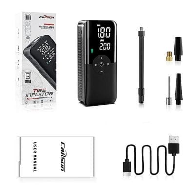 Portable tire inflator with digital pressure display and multiple nozzle attachments, ideal for automotive and bicycle tire inflation. Compact, easy to use, perfect for car care needs.