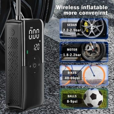 Wireless inflator with digital pressure display for cars, bikes, and sports balls. Portable, easy to use, and compatible with various inflation needs including tires and sports equipment.