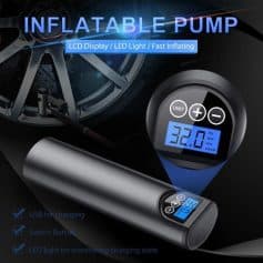 Portable car tire inflator with LCD display, LED light, fast inflation, USB charging, switch button, digital pressure gauge, suitable for automotive, bike, and outdoor use.
