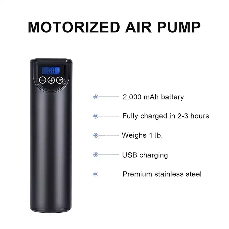 Portable electric air pump for medical and personal use. Rechargeable, lightweight, with a digital display, USB charging, and stainless steel construction for durability.