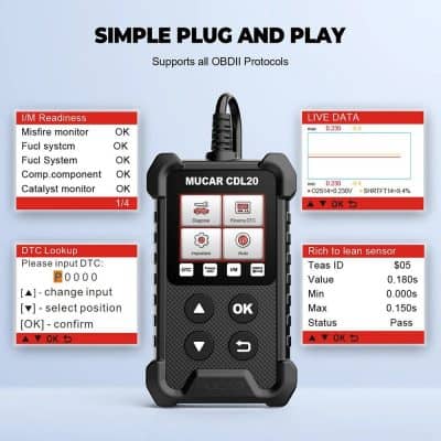 Portable OBDII diagnostic tool for vehicle troubleshooting, supports all protocols, easy plug-and-play interface for mechanics and auto repair shops.