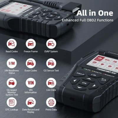 High-tech automotive diagnostic tool with full OBD2 functions, read codes, erase errors, EVAP system check, live data, VIN info, and more for vehicle troubleshooting and maintenance.