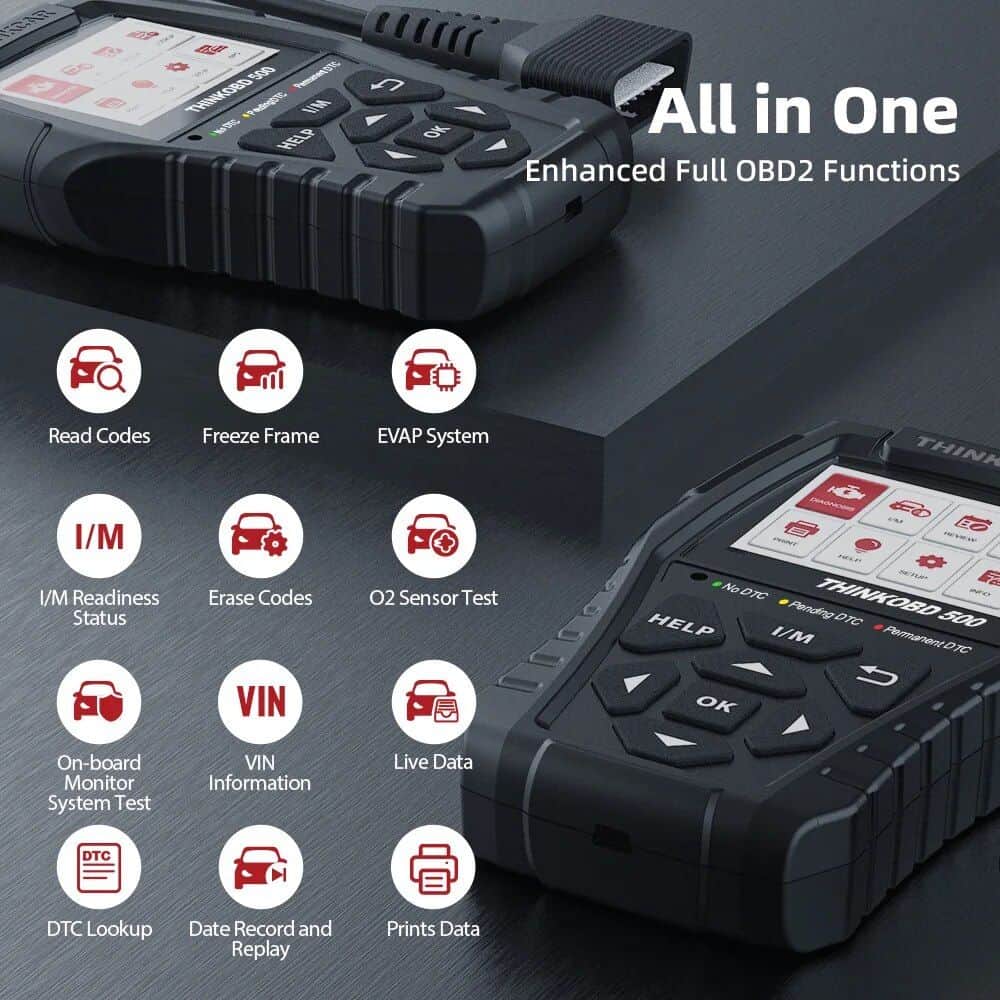 High-tech automotive diagnostic tool with full OBD2 functions, read codes, erase errors, EVAP system check, live data, VIN info, and more for vehicle troubleshooting and maintenance.