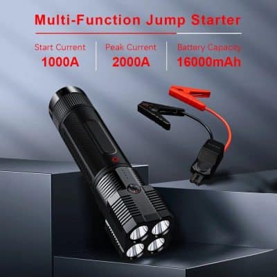 High-capacity multi-function jump starter for vehicles, featuring 1000A starting current, 2000A peak current, and 16000mAh battery capacity for reliable power backup.