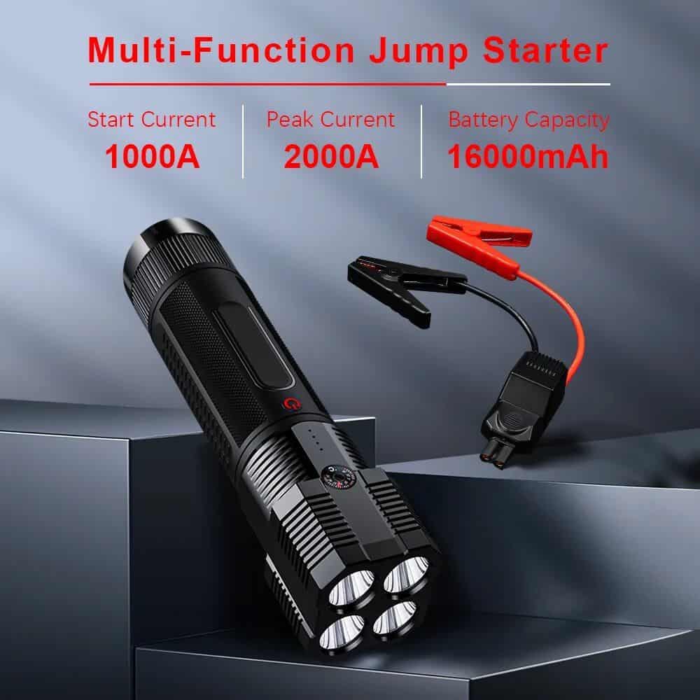 High-capacity multi-function jump starter for vehicles, featuring 1000A starting current, 2000A peak current, and 16000mAh battery capacity for reliable power backup.