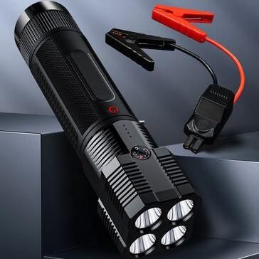 Portable LED flashlight with built-in jump starter and charging cables, ideal for outdoor adventures and roadside emergencies.