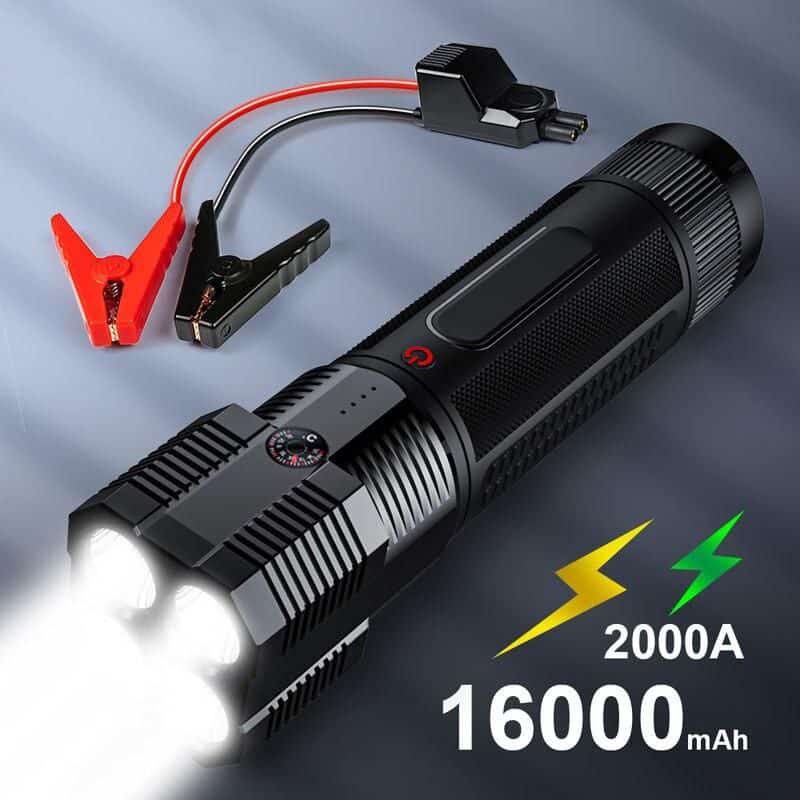 Durable, high-capacity tactical flashlight with 2000A power, 16000mAh battery, ideal for outdoor, emergency, and professional use. Features rechargeable batteries and fast charging.
