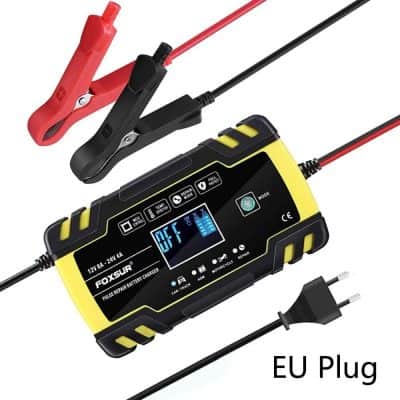 High-quality battery charger for car, motorcycle, and scooter batteries with EU plug, LCD display, and multiple charging modes for fast and safe charging solutions.