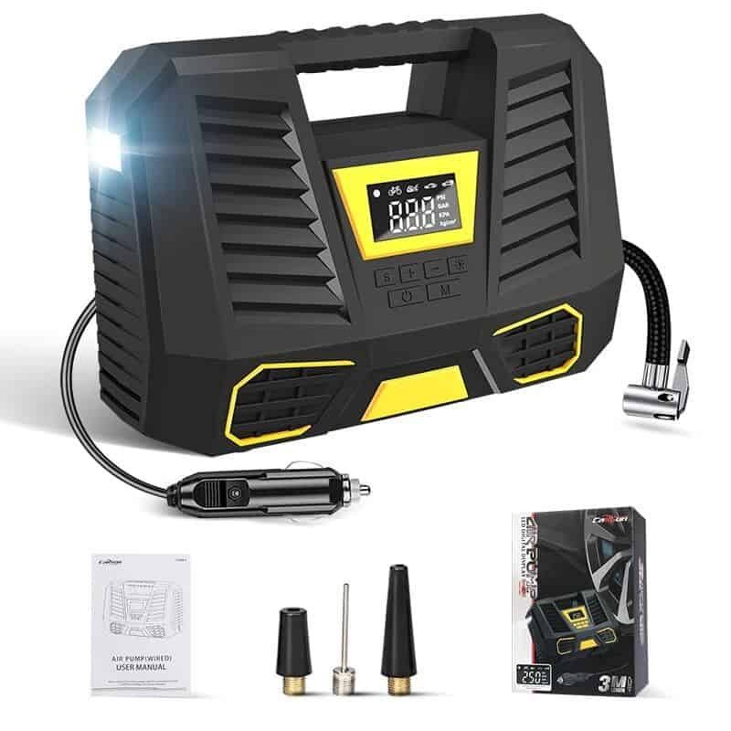 Portable car tire inflator for quick, easy inflation with digital display and multiple nozzle attachments. Compact, lightweight design ideal for vehicle emergencies and maintenance.