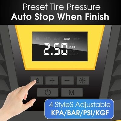 Digital tire pressure monitor for cars, showing PSI, BAR, KPA, KG/cm² readings with adjustable settings for accurate tire maintenance.