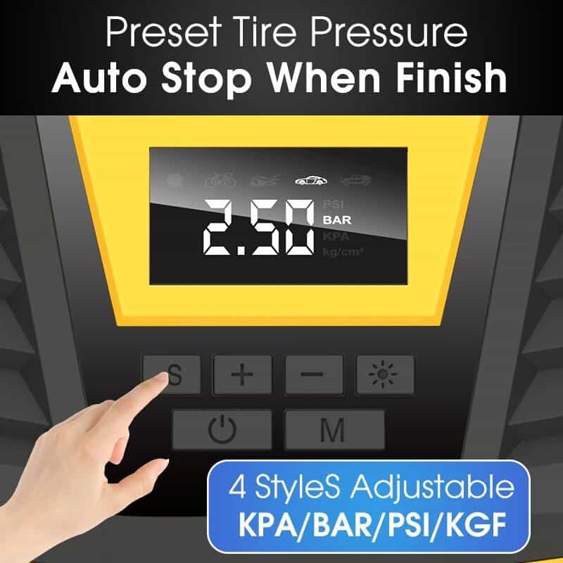 Digital tire pressure monitor for cars, showing PSI, BAR, KPA, KG/cm² readings with adjustable settings for accurate tire maintenance.