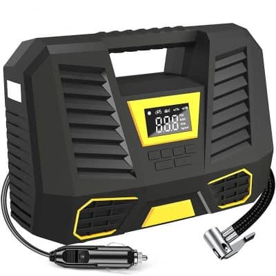 High-performance portable air compressor for car tires and inflatables, with digital pressure gauge, fast filling, and easy to use. Suitable for automotive and household use.