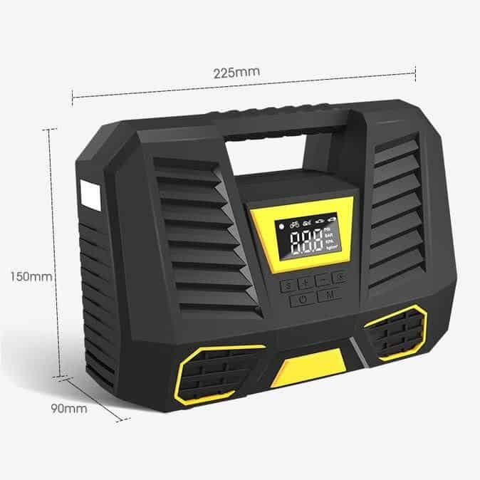 Portable digital tire inflator with LCD display and rapid air filling for auto, bike, and sports equipment. Compact and ergonomic design for easy use and storage.