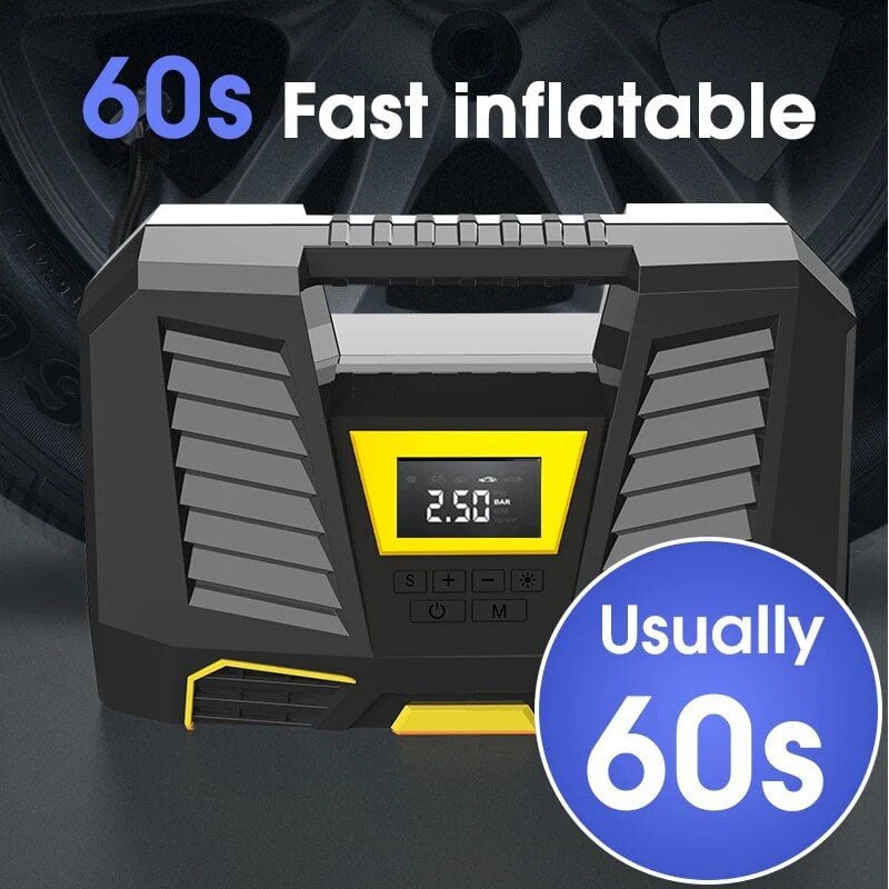 Portable 60s fast inflator for car tires, with digital display, easy to use, and quick inflation powered by rechargeable battery, essential for vehicle maintenance and emergency use.