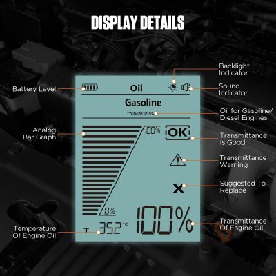 High-resolution image of an automotive diagnostic digital screen showing oil and gasoline levels, temperature, and indicator icons for vehicle maintenance, designed for car repair shops and enthusiasts.