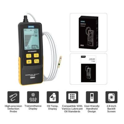 Highly accurate oil testing device with transmittance display for automotive and industrial use. Features oil temperature display, compatibility with various lubricants, and user-friendly handheld design with backlit screen.