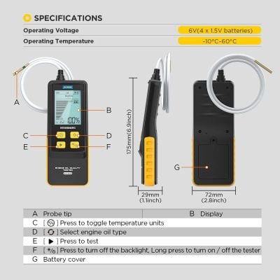 Portable engine oil quality testing device for accurate diagnostics. Compact design with LCD display, easy controls, and battery-powered operation. Ideal for automotive and maintenance use.