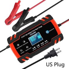 Highly efficient automotive battery charger with digital display, US plug, fast charging, and compatibility with various vehicle batteries, ideal for automotive repair shops and car owners.