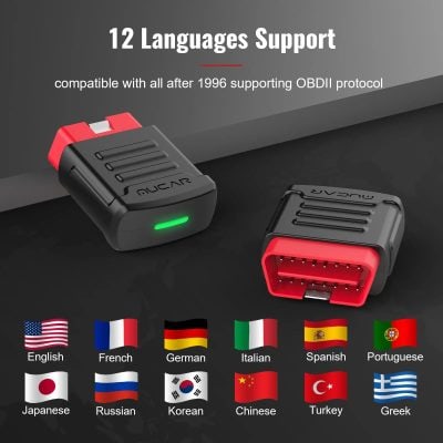 High-quality OBDII diagnostic tools supporting 12 languages, compatible with all vehicles post-1996, including English, French, German, Italian, Spanish, Portuguese, Japanese, Russian, Korean, Chinese, Turkish, and Greek.