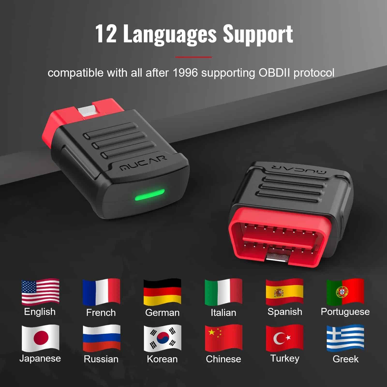 High-quality OBDII diagnostic tools supporting 12 languages, compatible with all vehicles post-1996, including English, French, German, Italian, Spanish, Portuguese, Japanese, Russian, Korean, Chinese, Turkish, and Greek.