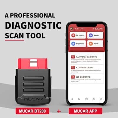 Nucar Mucar BT200 diagnostic tool for vehicle troubleshooting and repair. Compatible with smartphones via Mucar app for comprehensive system diagnostics. Advanced auto diagnostic device for mechanics and DIY car enthusiasts.