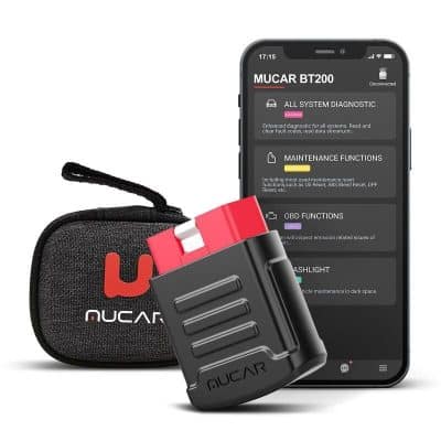 Portable OBD2 scanner for vehicle diagnostics, compatible with MUCAR Bluetooth device, connects to mobile app for system diagnosis, maintenance, and emission inspection.