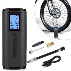 Wireless digital bicycle pressure gauge, compatible with e-bikes, with LCD display and accessories for accurate inflation.