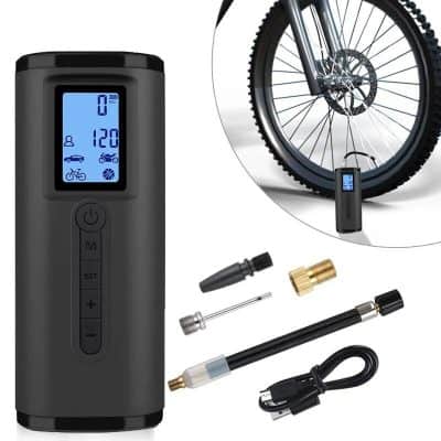 Wireless digital bicycle pressure gauge, compatible with e-bikes, with LCD display and accessories for accurate inflation.
