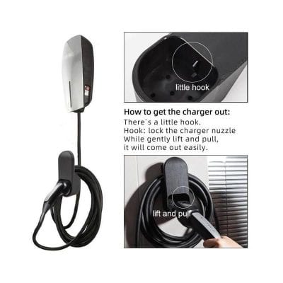 EV charger with easy-to-follow removal instructions for optimal convenience. Features a locking charger nozzle and simple lift-and-pull operation for secure and efficient charging.