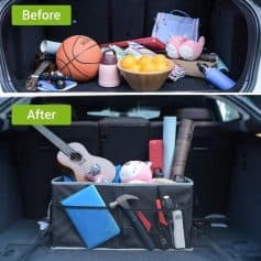 Accurate image of a cluttered car trunk before and after organization with cleaning, decluttering, and storage solutions for a neat look.