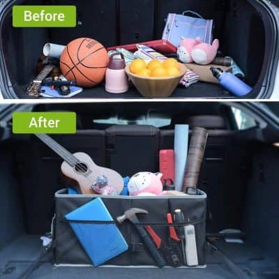 Accurate image of a cluttered car trunk before and after organization with cleaning, decluttering, and storage solutions for a neat look.