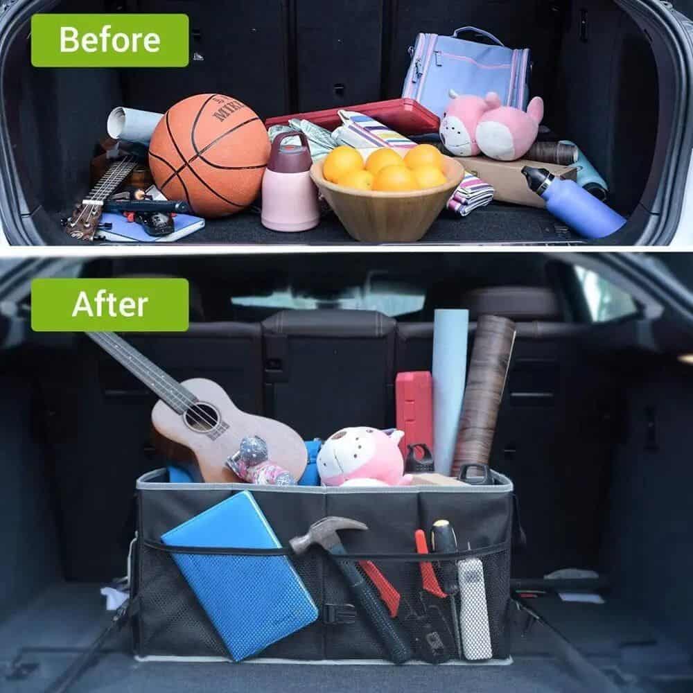 Accurate image of a cluttered car trunk before and after organization with cleaning, decluttering, and storage solutions for a neat look.
