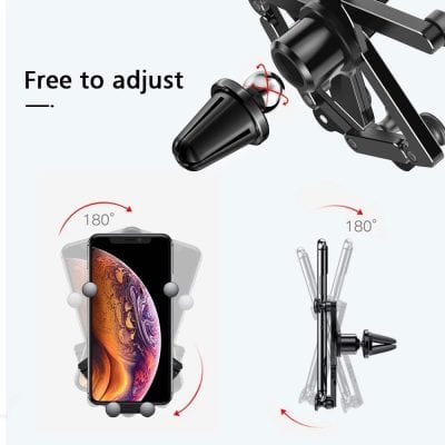 Adjustable phone holder with 180° rotation, compatible with smartphones for easy viewing and secure fit. Perfect for driving safety and hands-free navigation.