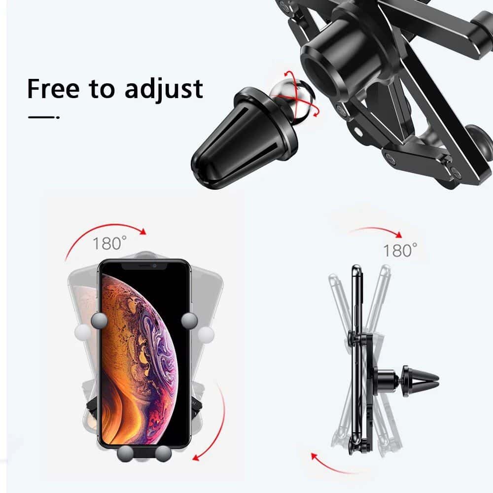 Adjustable phone holder with 180° rotation, compatible with smartphones for easy viewing and secure fit. Perfect for driving safety and hands-free navigation.