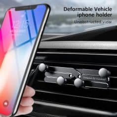 Deformable iPhone car mount, adjustable and secure, fits various iPhone models, ideal for hands-free use, compatible with all cars, stylish design by Oatsbasf.