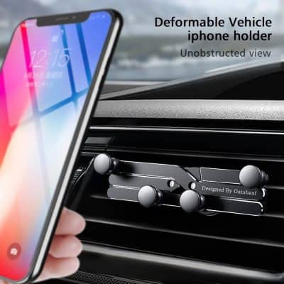 Deformable iPhone car mount, adjustable and secure, fits various iPhone models, ideal for hands-free use, compatible with all cars, stylish design by Oatsbasf.