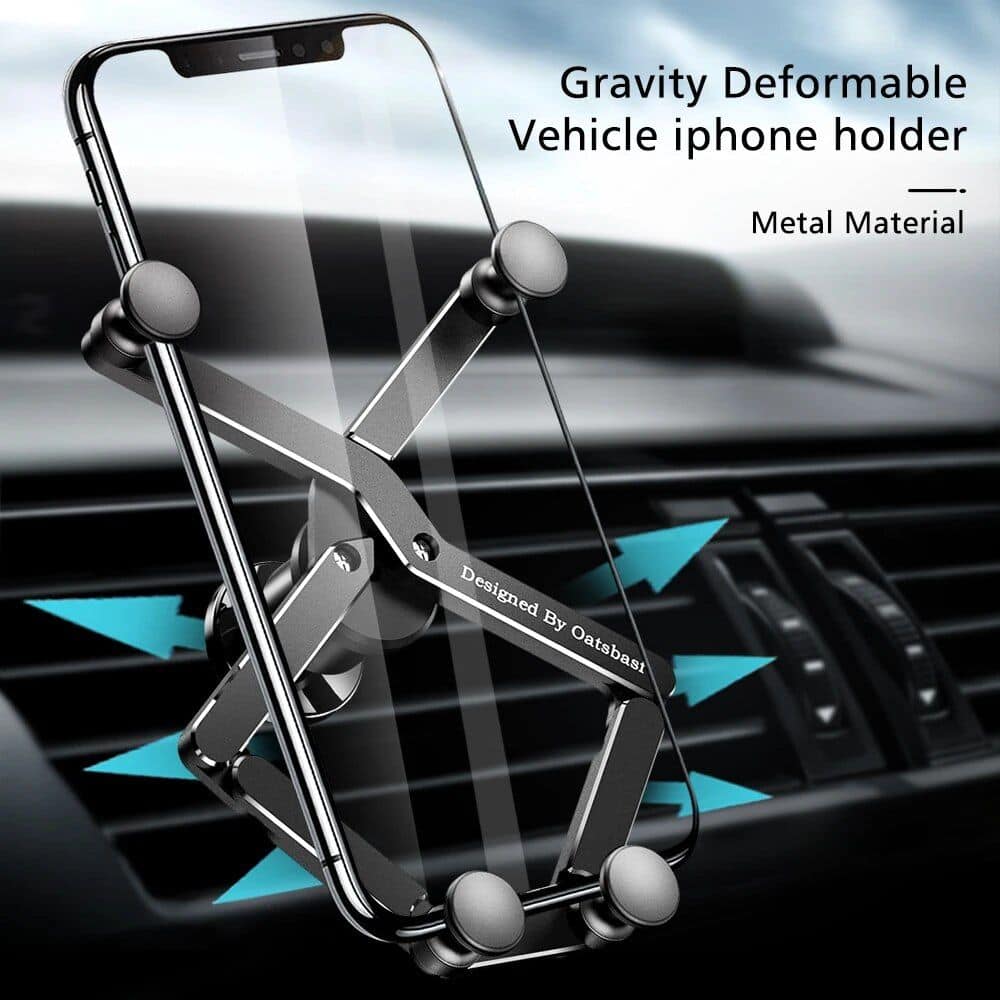 Gravity deformaBLE vehicle phone mount for car dashboard, made of durable metal. Securely hold smartphones with adjustable arms, ideal for driving and navigation.